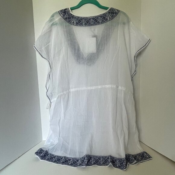 Joie Tunic Beach Dress Coverup M/L White V-Neck Blue Embroidered Cotton Summer - Picture 4 of 11